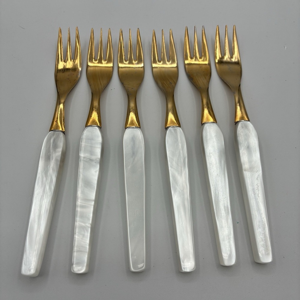 Vintage Bakelite GILT Rostfrei Flatware 6 3 prong forks Opalescent Pearl 1940's
